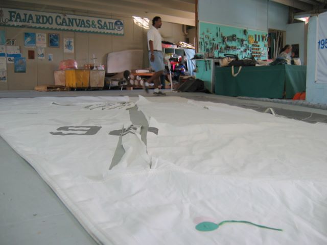 Kia Orana's Foresail in the Fajardo Canvas and Sail Loft.