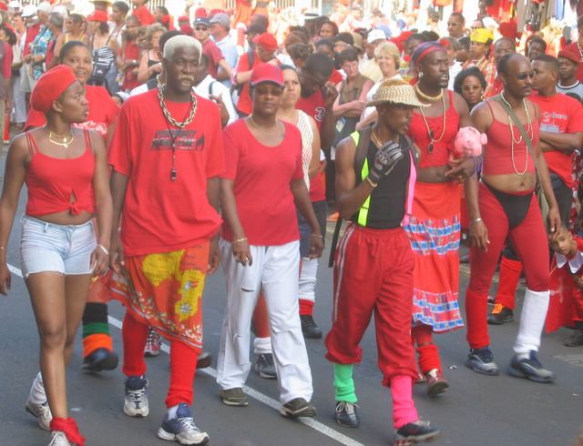 Red and white leg warmers for Mardi Gras, Fort de France