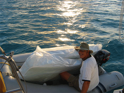 Lance and the new matresses in the dinghy